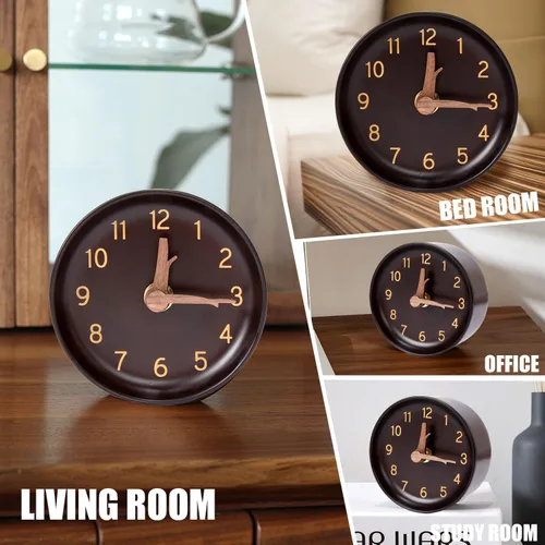 Vista 7 de Reloj de escritorio analógico de madera, pequeño, redondo, de cuarzo, funciona con pilas, sin tictac, silencioso, para oficina, sala de estar, 4