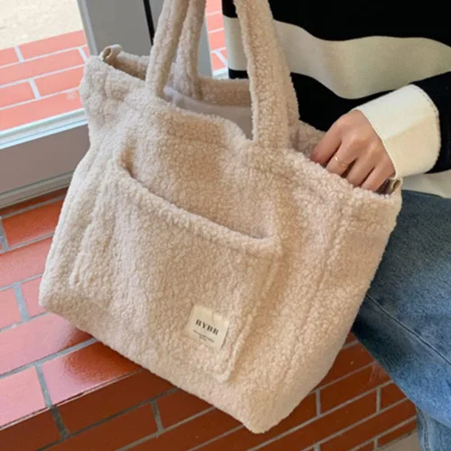 Vista 5 de Bolso cruzado de vellón de peluche Sherpa para mujer, bolso de hombro mullido de felpa Hobo bolso peludo suave otoño invierno