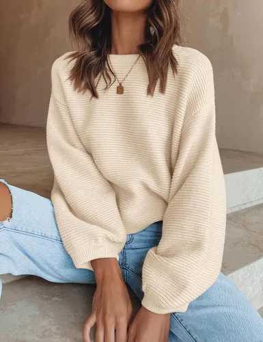 Vista 7 de ZESICA Women's 2024 Crew Neck Long Lantern Sleeve Casual Loose Ribbed Knit Solid Soft Pullover Sweater Tops