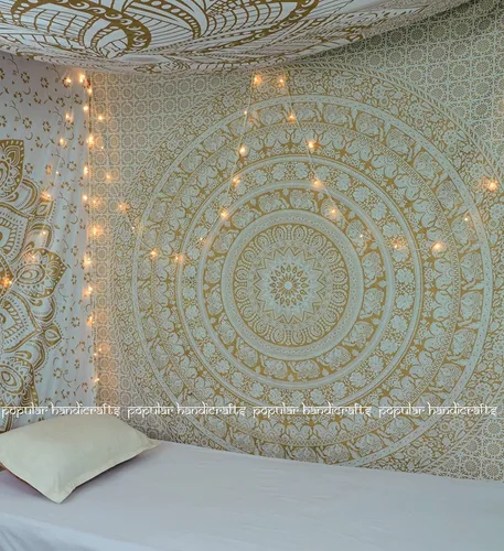 Vista 19 de Popular Handicrafts Tapiz para colgar en la pared para dormitorio, mandala hippie bohemio, diseño floral, tapiz indio de pensamiento mágico Blanco