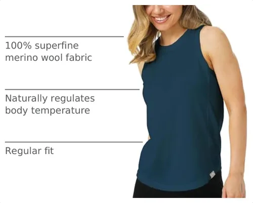 Vista 4 de 100% Merino Wool Tank Top Women - Active Sleeveless Undershirt Base Layer Denim Cuello Alto