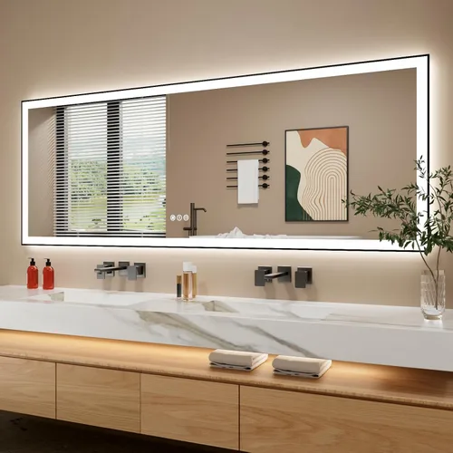 Vista 51 de Espejo de baño LED de 24x28 pulgadas con marco negro, espejos de baño retroiluminados y con luz frontal para pared, antiempañamiento, regulable
