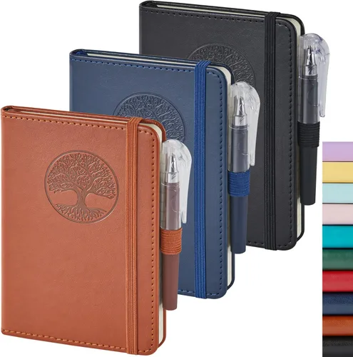 Vista 18 de Paquete de 3 cuadernos rayados con bolígrafo, cuadernos A5 (5.7 x 8.4 pulgadas) de tapa dura de cuero para mujeres y hombres, trabajo, 160 páginas