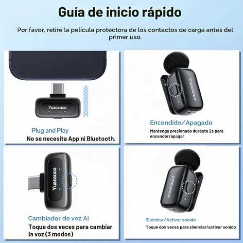 Vista 2 de Mini micrófono inalámbrico Yuaceuco para tabletas Android iPhone 2TX+1 C RX+1 Adaptador Lightning+Funda de carga