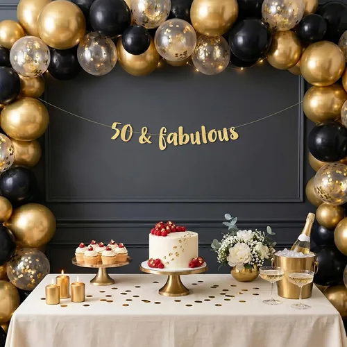 Vista 4 de Cartel de 50 y fabuloso con purpurina dorada preencordada, divertidas decoraciones de cumpleaños 50 y aniversario para hombres y mujeres, Dorado
