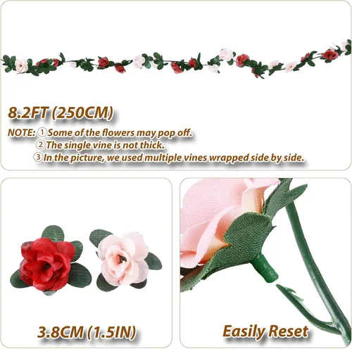 Vista 3 de Miracliy 8 guirnaldas de flores rojas de 66 pies, rosas artificiales de color naranja, guirnalda de flores falsas de primavera para telón de fondo