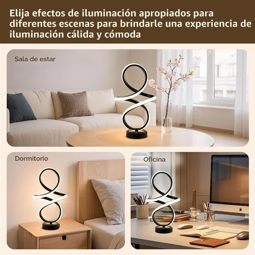 Vista 6 de Mayful Moderna lámpara de mesa en espiral, lámpara de noche con puertos USB C y A, control táctil regulable con 3 temperaturas de color, lámpara LED
