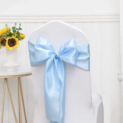 Vista 4 de Paquete de 50 cintas de satén para sillas color azul bebé, 7 x 108 pulgadas, cintas universales doradas para sillas de boda, ceremonia, fiesta