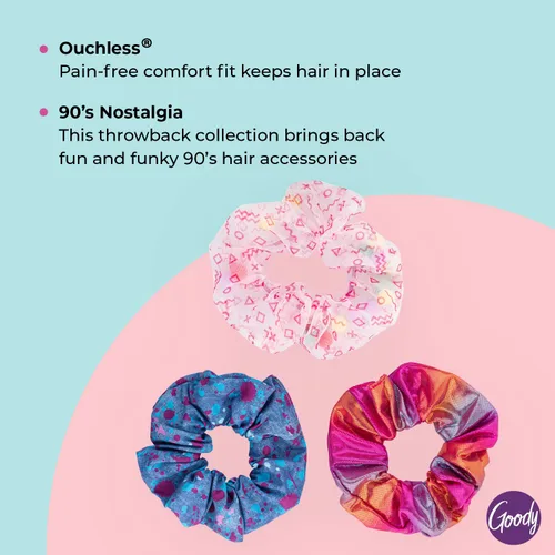 Vista 5 de Goody Kids Nostalgia Scrunchies - 3 unidades, rosa surtido - Accesorios para el cabello sin dolor para hombres, mujeres, niños y niñas para peinar