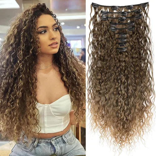 Vista 11 de LONAI Extensión de Cabello, 9 piezas, 56 cm de largo, castaño, extensiones de cabello rizadas con pinza, LN002, extensiones de cabello sintético