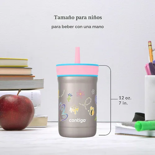 Vista 5 de Contigo Leighton - Vaso con pajita para niños con tapa a prueba de derrames, 12 onzas, Frambuesa/Azalea Spill-Proof Valve, Keeps Drinks Cold 13 Tapa