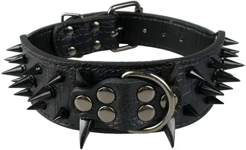 Vista 7 de Collar de perro con remaches de puyas afiladas 2 pulgadas de ancho, collares de cuero con estilo para perros medianos y grandes, Pitbull, Labrador