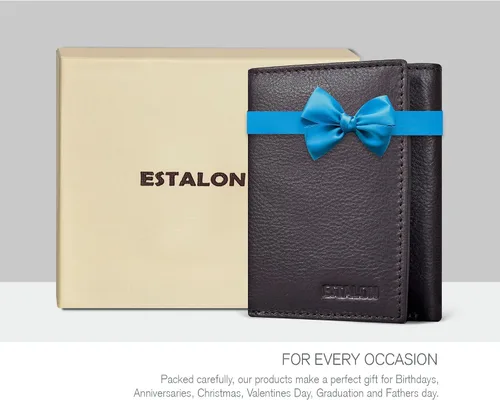 Vista 6 de ESTALON Billeteras delgadas RFID para hombre - Cartera de cuero genuino con bolsillo frontal triple, Marrón medio , Billetera triple