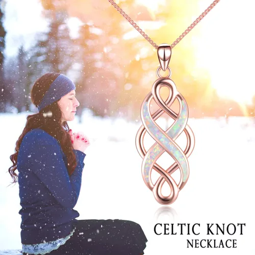 Vista 2 de YFN Collar con colgante de ópalo creado con nudo celta irlandés, collares negros de plata esterlina para mujeres y hombres de 18 pulgadas