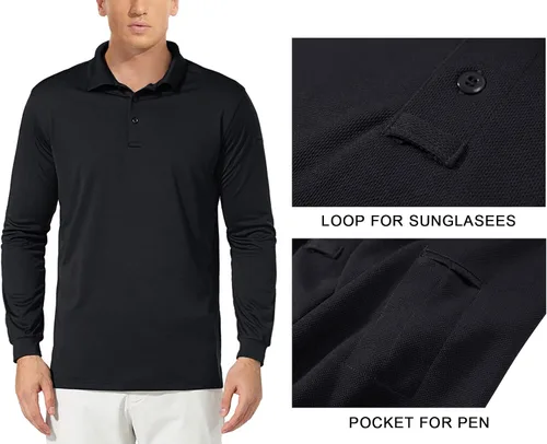 Vista 4 de FASKUNOIE Polo de manga larga para hombre, secado rápido, táctico, senderismo, golf, piqué, jersey, con botón