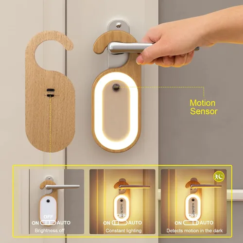 Vista 6 de Luz Nocturna de Llave de Puerta con Sensor de Movimiento para Mensaje Memo de Madera, Lámpara LED de Cerradura de Puerta con Tablero de Perilla