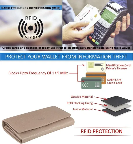 Vista 20 de Mou Meraki - Billetera o bolsa de mano de cuero genuino, con bloqueo de seguridad RFID, con escudo contra el robo de identidad, para mujeres