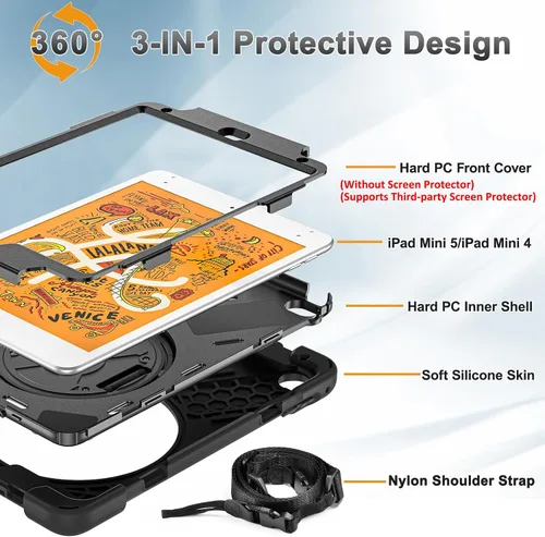 Vista 7 de BRAECNstock para Apple iPad mini 5/4 Funda 2019/2015 19,9 cm, Funda Protectora a Prueba de Golpes con Soporte para Lápices, Correa Giratoria