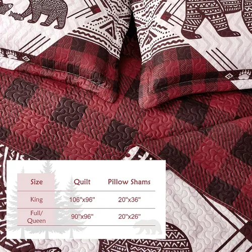 Vista 6 de Juego de 3 piezas de colcha tamaño King para cabaña, reversible, navideño, rústico, de microfibra, suave, ligera, de granja, con 2 fundas de 2-Oso