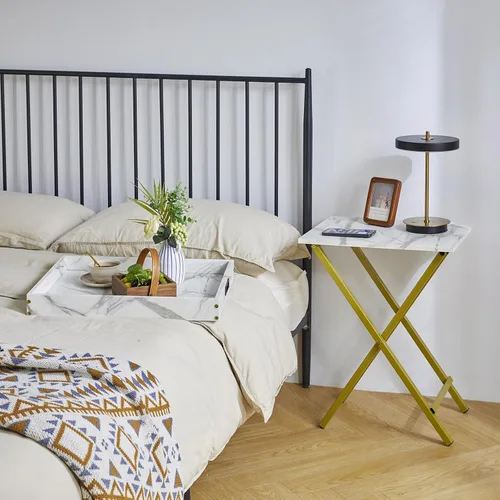 Vista 2 de IBUYKE Juego de 2 bandejas plegables para TV, mesa auxiliar con bandeja extraíble para servir alimentos, mesa portátil de madera para sala de estar