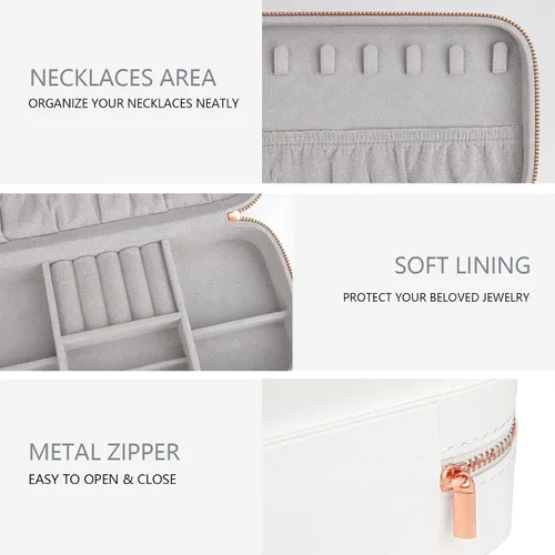 Vista 2 de Joyero pequeño joyero, caja de joyería portátil de piel sintética, gran capacidad para anillos, aretes, collares, pulseras, relojes, blanco, C