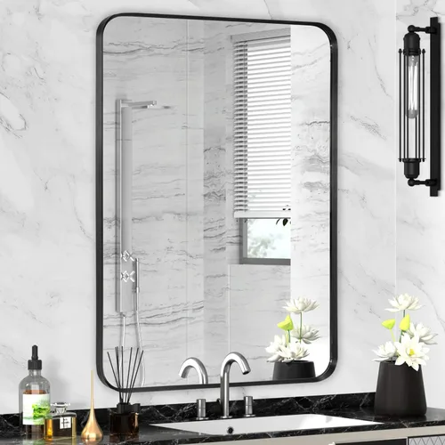 Vista 18 de Espejo arqueado negro de 16" x 20", espejo de pared para baño con arco, espejo de tocador de baño con marco de metal y parte superior arqueada