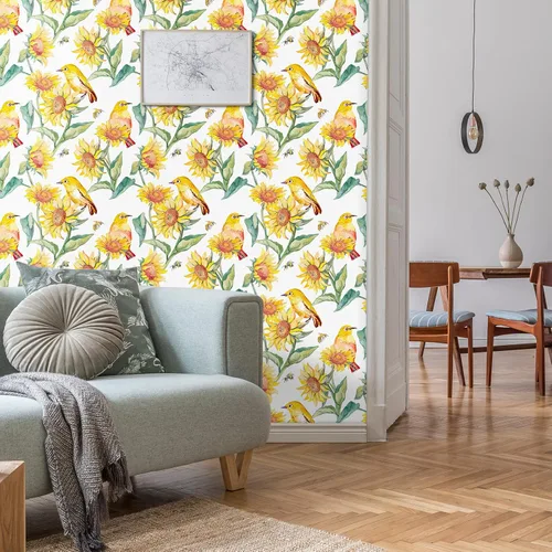 Vista 5 de VaryStyle Papel tapiz vintage de girasol de 17.7 x 118 pulgadas, acuarela amarillo brillante/verde, pájaros florales, despegar y pegar, papel