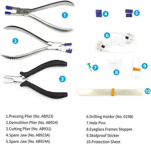 Vista 5 de Kit óptico de lentes sin marco, siluetas de marco de gafas, alicates para gafas, alicates para gafas, alicates profesionales, juego de alicates