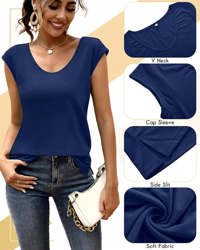 Vista 6 de Paquete de 2 camisetas de manga casquillo para mujer, ajuste holgado, casual, cuello en V, básicas, elegantes, camisetas sin mangas, camisetas tipo