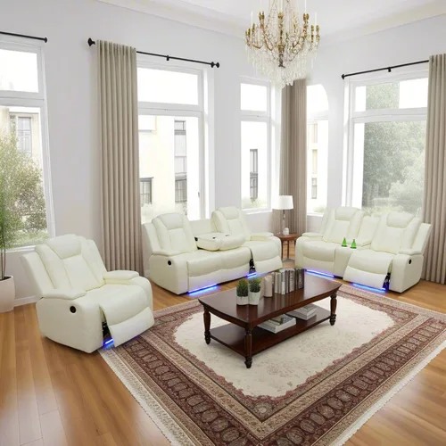 Vista 19 de Juego de sofá reclinable eléctrico, sofás reclinables de cuero negro, 3 piezas de sofá reclinable de cuero de aire y silla de dos plazas con luces