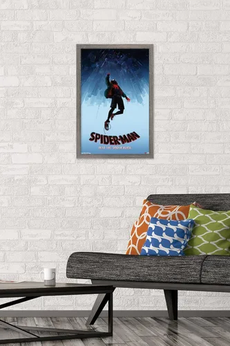 Vista 2 de Trends International Spider-Man de Marvel póster Into The Spider-Verse-Falling de 14.72 x 22.37 pulgadas, versión enmarcada en madera reutilizada