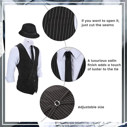 Vista 5 de Disfraz de los años 20 para hombre atuendo con accesorios chaleco de gángster de Gatsby sombrero de fieltro reloj de bolsillo vintage tirantes