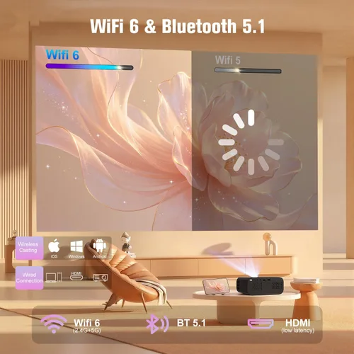 Vista 5 de Proyector, Proyector inteligente con WiFi y Bluetooth, Aplicaciones integradas, Enfoque automático y Keystone, Soporte nativo 1080P, Proyector mini