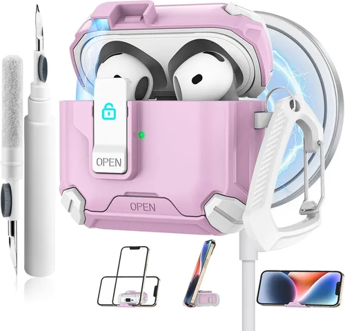 Vista 12 de Meliya Funda para AirPods 4, viene con soporte para teléfono y función MagSafe, funda rígida de protección completa automática emergente con bloqueo