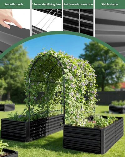 Vista 5 de Cama de jardín elevada con enrejado de arco para plantas trepadoras, cama de jardín elevada galvanizada, jardineras al aire libre para verduras