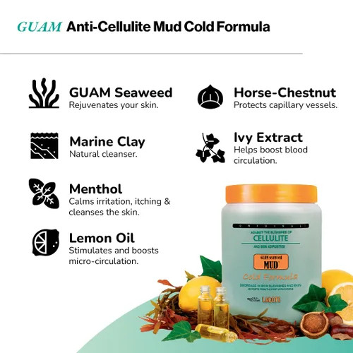 Vista 4 de GUAM Fórmula anticelulítica para el frío, envoltura corporal de algas marinas para celulitis, arcilla tensora de la piel para celulitis corporal e