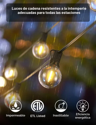 Vista 5 de Cadena de luces para exteriores – Cadena de luces al aire libre, impermeable, de 100 pies, luces LED de color blanco cálido regulables, control