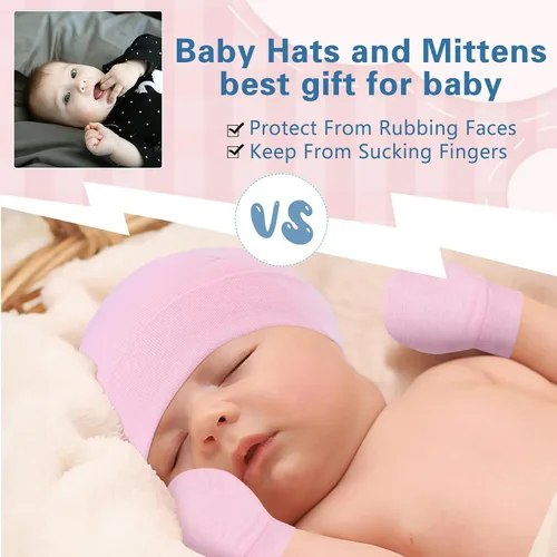 Vista 2 de Zando Gorros y manoplas unisex para bebés, gorro de hospital para recién nacidos, con guantes antiarañazos, conjunto para bebés y niños
