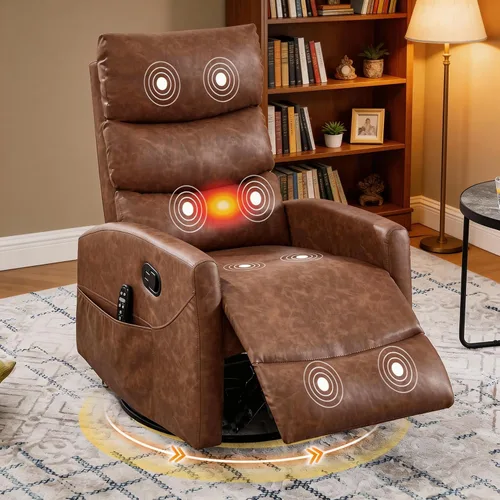Vista 18 de Silla reclinable giratoria de 360° con masaje y calor, respaldo alto con relleno, silla mecedora tapizada para cuarto de bebé, sala de estar