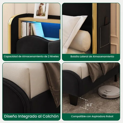 Vista 6 de LARMACE Base de cama tamaño King con luces LED y estación de carga, plataforma tapizada de terciopelo con cabecera de almacenamiento, no necesita