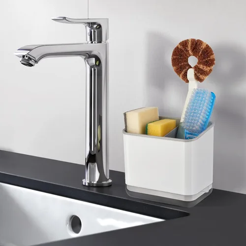 Vista 2 de RedCall Organizador de fregadero de cocina, soporte para esponja de platos y soporte para cepillos con bandeja de goteo, organizador de utensilios