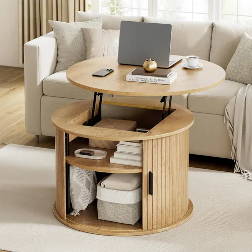 Vista 9 de FABATO Mesa de centro redonda de elevación superior, mesa de centro de madera estriada con almacenamiento oculto y estantes abiertos, mesa de tambor