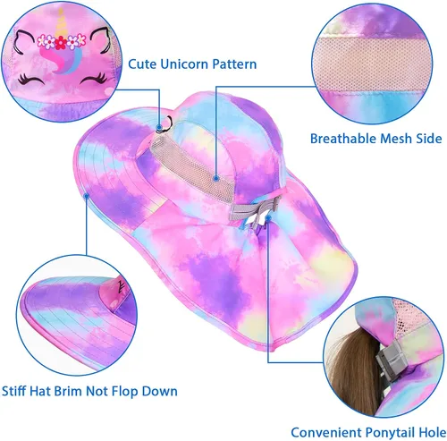 Vista 4 de Sombrero de sol para niños, protección UV, unicornio, verano, playa, sombreros de ala ancha para el cuello para niñas y niños de 2 a 9 años