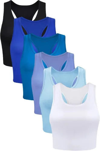 Vista 10 de 6 piezas de camisetas básicas sin mangas con espalda cruzada deportivas, cortas, para mujeres y niñas, uso diario