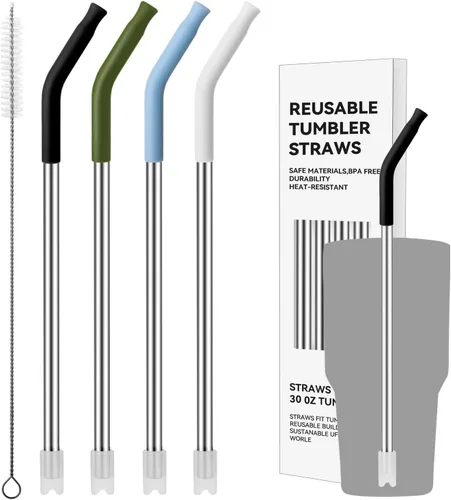 Vista 10 de 4 popotes de acero inoxidable reutilizables para vaso Yeti de 20 onzas, pajitas de metal con puntas de silicona para vaso Stanley de 20 onzas y vaso