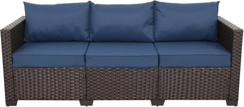 Vista 14 de Rattan Star Muebles de exterior, sofá de 3 plazas, sofá de mimbre marrón para exteriores, asiento profundo, respaldo alto, sofá de patio con cojines