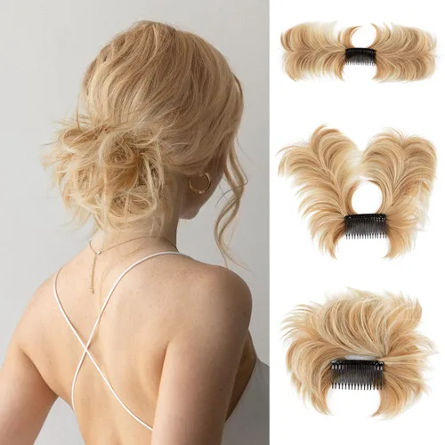 Vista 11 de Peine de moño desordenado con clip lateral para mujer, corto, natural, lacio, versátil, ajustable, fácil de peinar, (rubio ceniza-C)