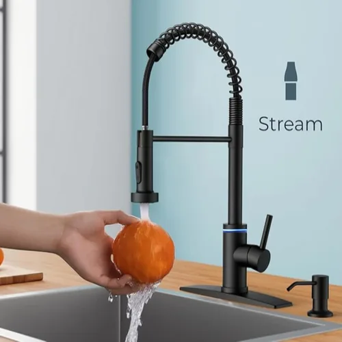 Vista 5 de Grifo de cocina táctil, rociador desplegable de 3 modos, sensor activado, válvula de cerámica, control de temperatura LED, rotación de 360 grados