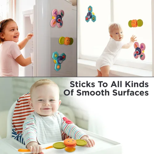 Vista 4 de KayLe Juguetes sensoriales Spinning Top para niños pequeños, juguete sensorial con ventosa para bebé con sonajero, diversión para el baño