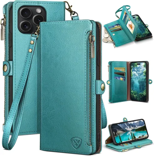 Vista 9 de XcaseBar Funda tipo cartera para iPhone 15 Pro Max de 6.7 pulgadas con cremallera para tarjetas de crédito y bloqueo RFID, funda protectora de piel